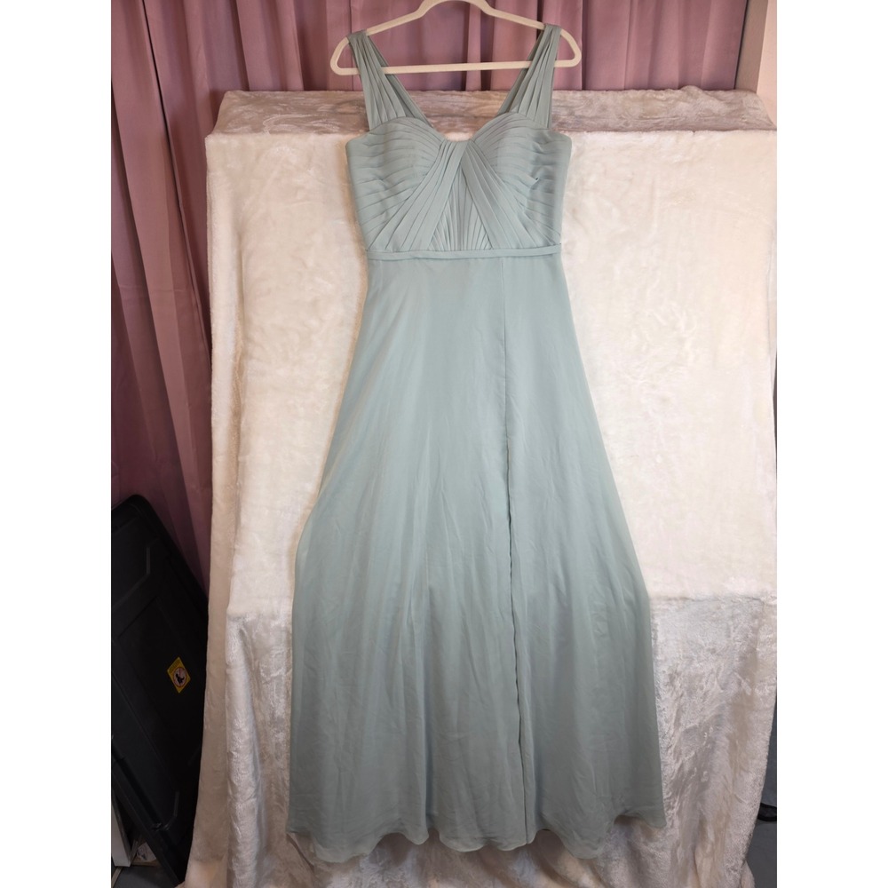Azazie Dusty Sage Green Chiffon Pleated V-Neck A-Line Bridesmaid Gown A8